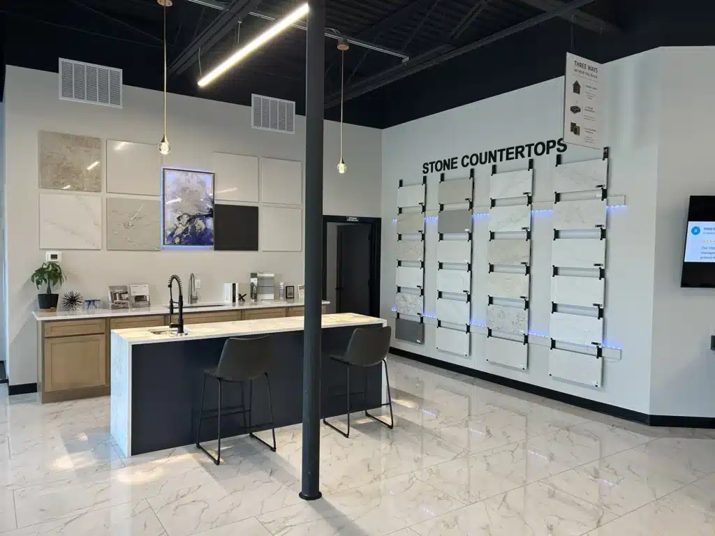 Countertop material display and consultation island inside the Maumee showroom