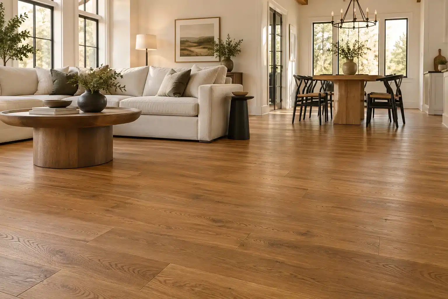 Hardwood floor installation with warm oak planks in a living and dining room