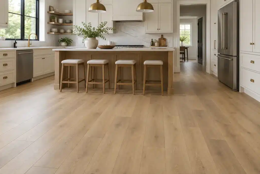 Laminate floor installation in a kitchen with warm oak-look planks