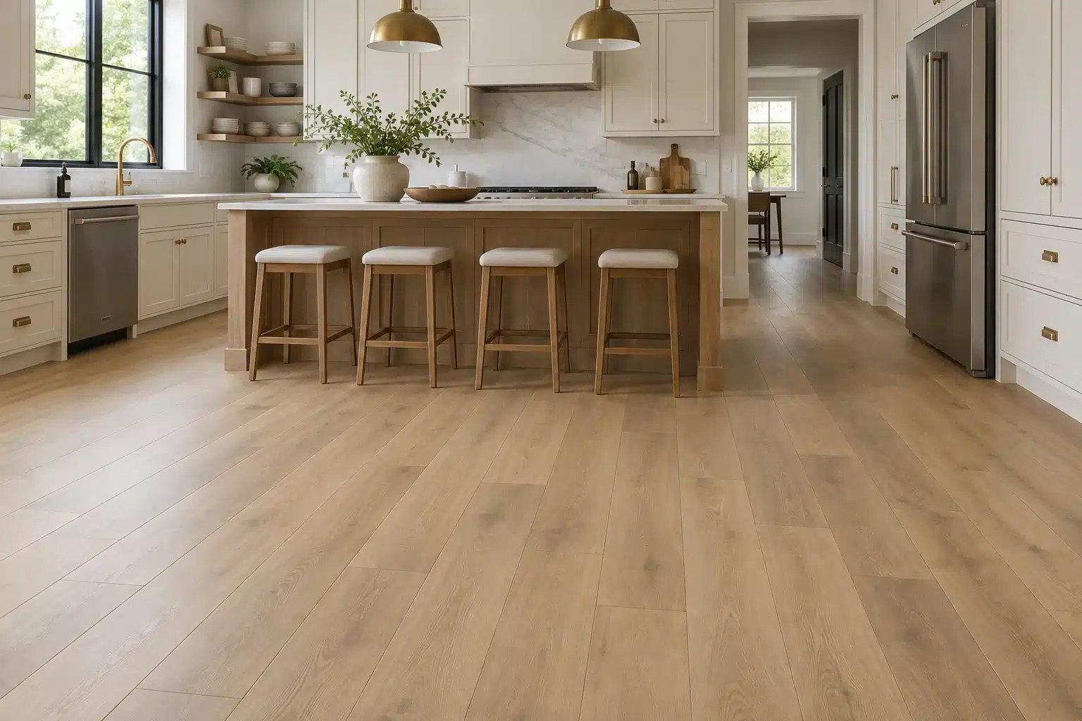 Laminate floor installation in a kitchen with warm oak-look planks