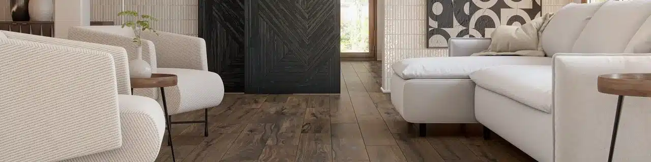 Daltile Acreage Highland wood-look porcelain tile flooring in a manufacturer living room scene