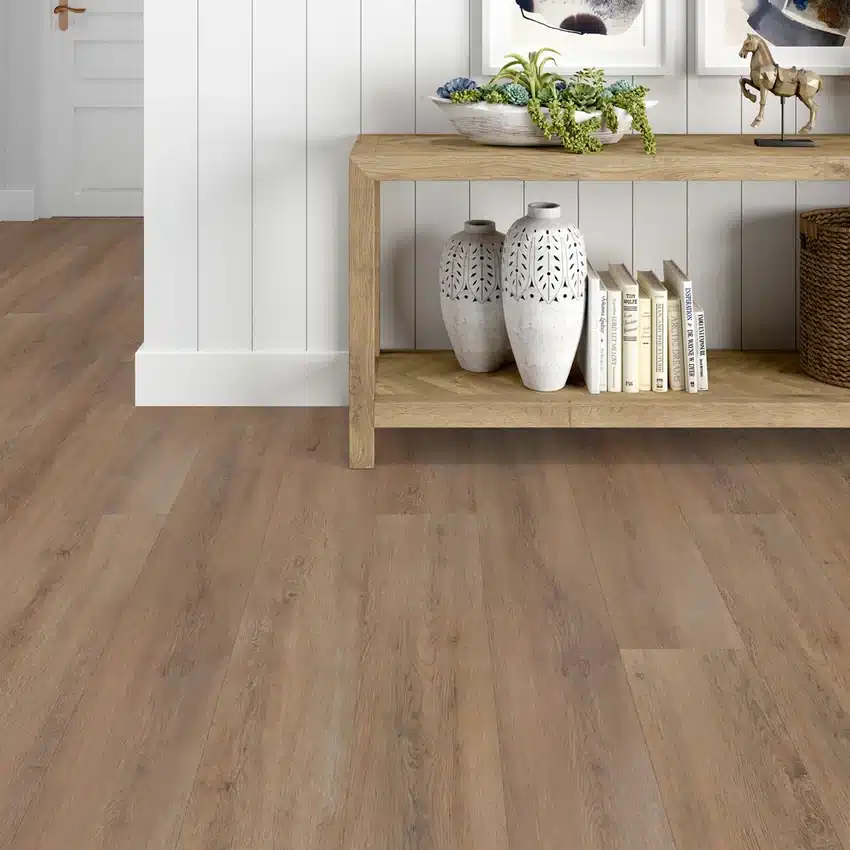 Daltile Bellamy Place Barrel wood-look luxury vinyl plank floor beneath a console table in a manufacturer interior scene