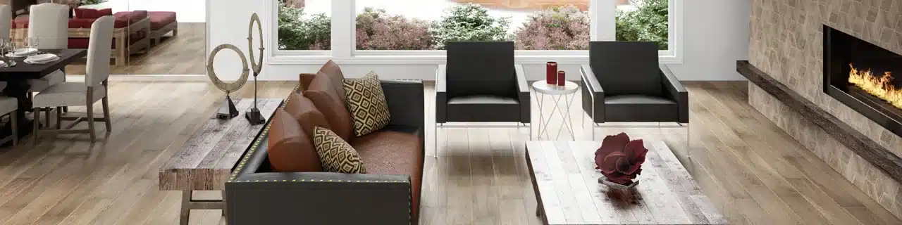 Daltile Emerson Wood porcelain plank floor and cube mosaic fireplace wall in a manufacturer living room scene