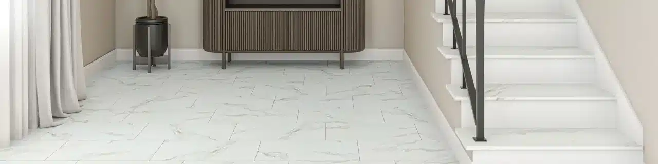 Daltile Grantshire Catania Calacatta marble-look luxury vinyl floor beside a staircase in a manufacturer room scene