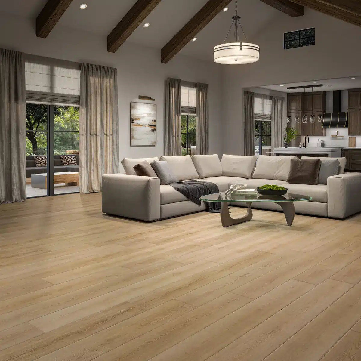 Daltile Halverton Hampton wood-look luxury vinyl plank floor around a sectional sofa and glass coffee table in a manufacturer living room scene