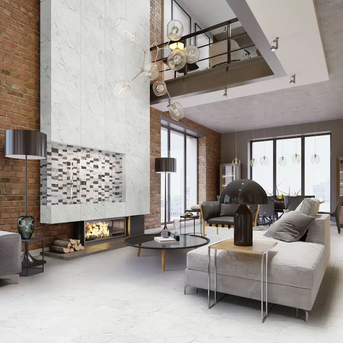 Daltile Marble Attaché Lavish white marble-look porcelain floor and fireplace surround beside gray seating in a manufacturer living room scene