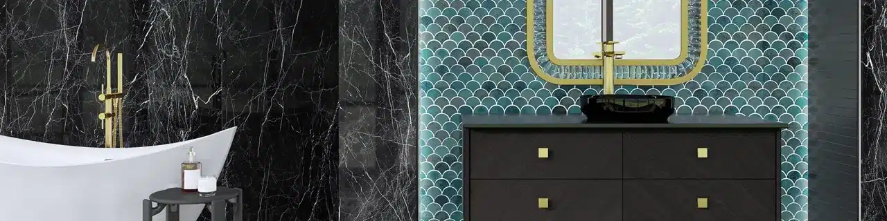 Daltile Miramo Aqua fan-shaped ceramic mosaic on the wall behind a dark bathroom vanity in a manufacturer scene