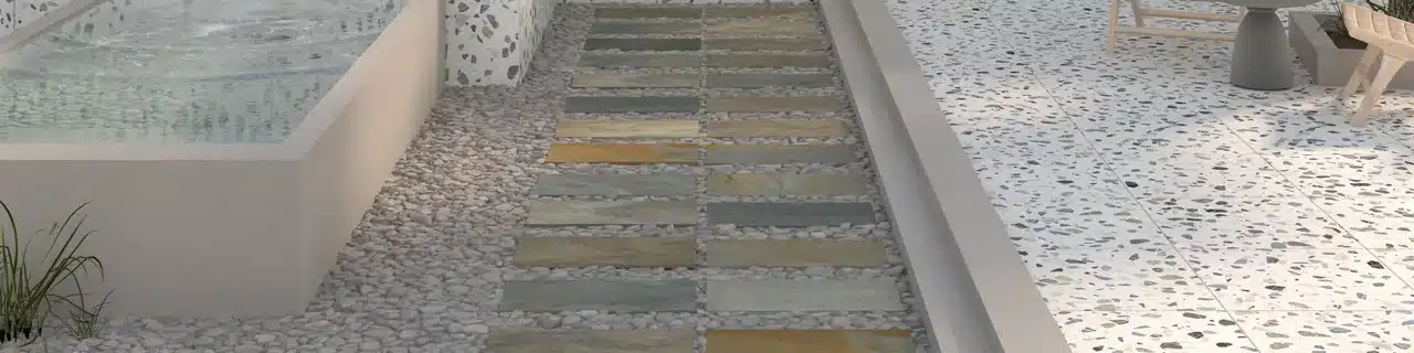 Daltile Outlander terrazzo-look porcelain tile in a manufacturer room scene