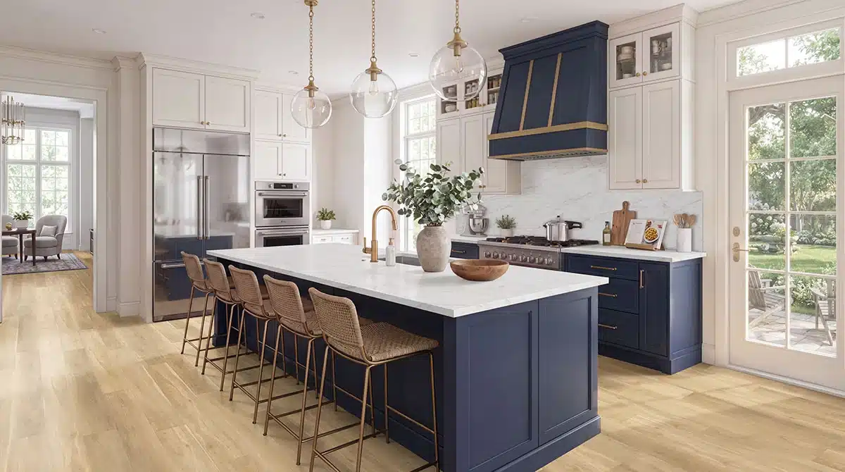 MSI Andover Bayhill Blonde luxury vinyl plank floor around a dark blue island in a manufacturer kitchen scene