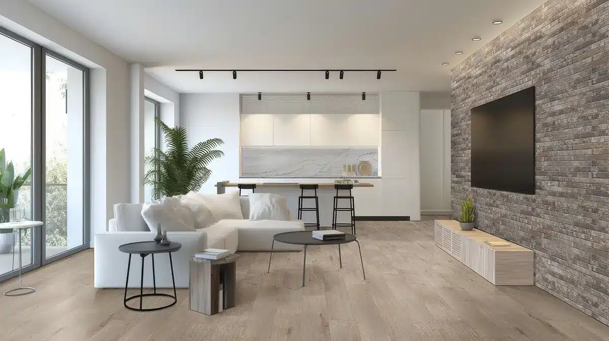 MSI Brickstone Rustique Red porcelain tile on a living-room television feature wall in a manufacturer scene