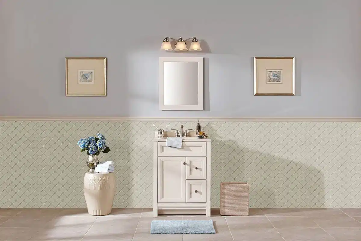 MSI Highland Park Antique White arabesque ceramic wall tile around a bathroom vanity in a manufacturer scene