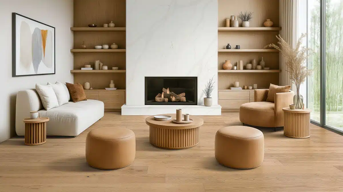 MSI Ladson Adriel Oak engineered hardwood floor in front of a fireplace, sofa and round ottomans in a manufacturer living room scene
