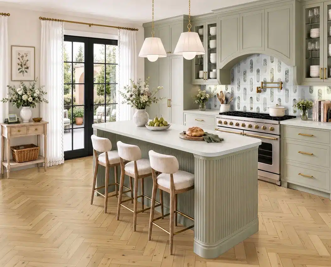 MSI McCarran Bramlett engineered hardwood in a herringbone pattern around a kitchen island in a manufacturer scene