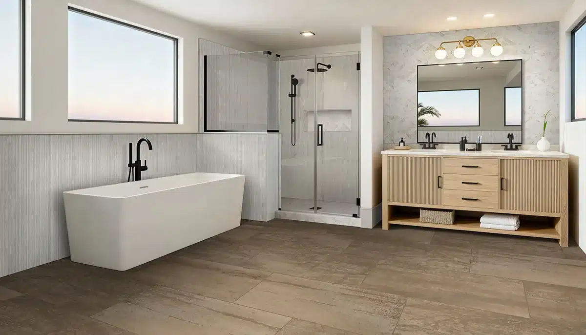 MSI Oxide Copper porcelain floor tile beside a freestanding tub and wood vanity in a manufacturer bathroom scene
