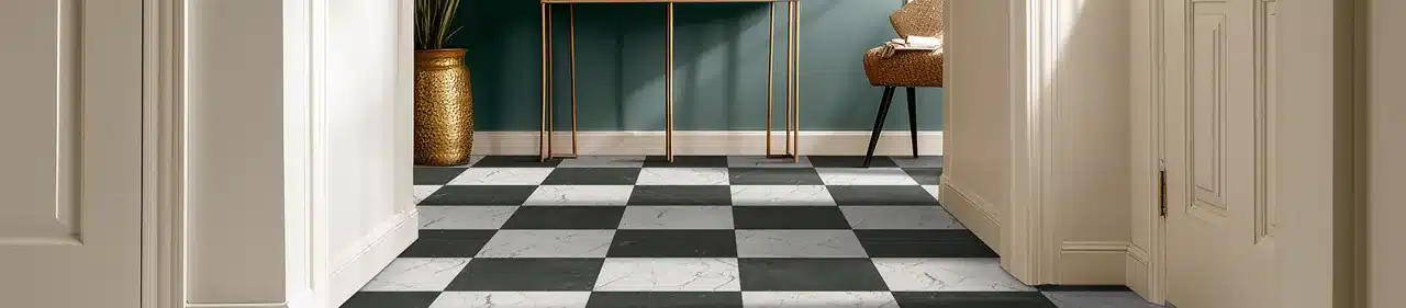 MSI Quadre black-and-ivory checkerboard-look luxury vinyl floor in a manufacturer entry hallway scene