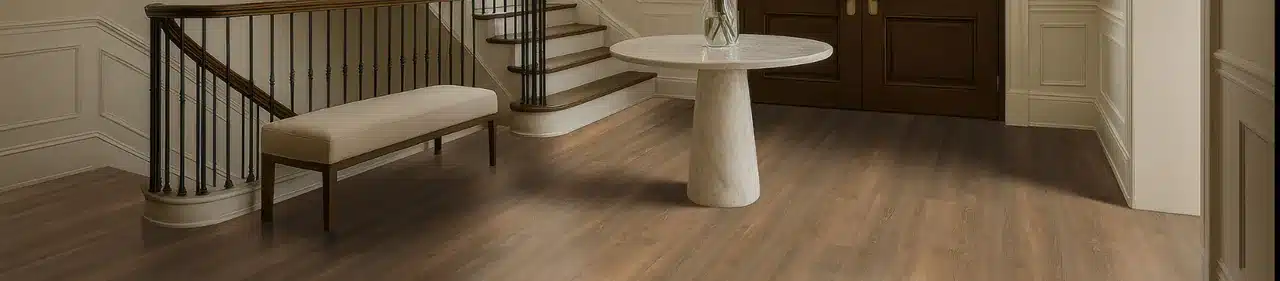 MSI Shorecliffs wood-look hybrid flooring beside a staircase and round entry table in a manufacturer foyer scene