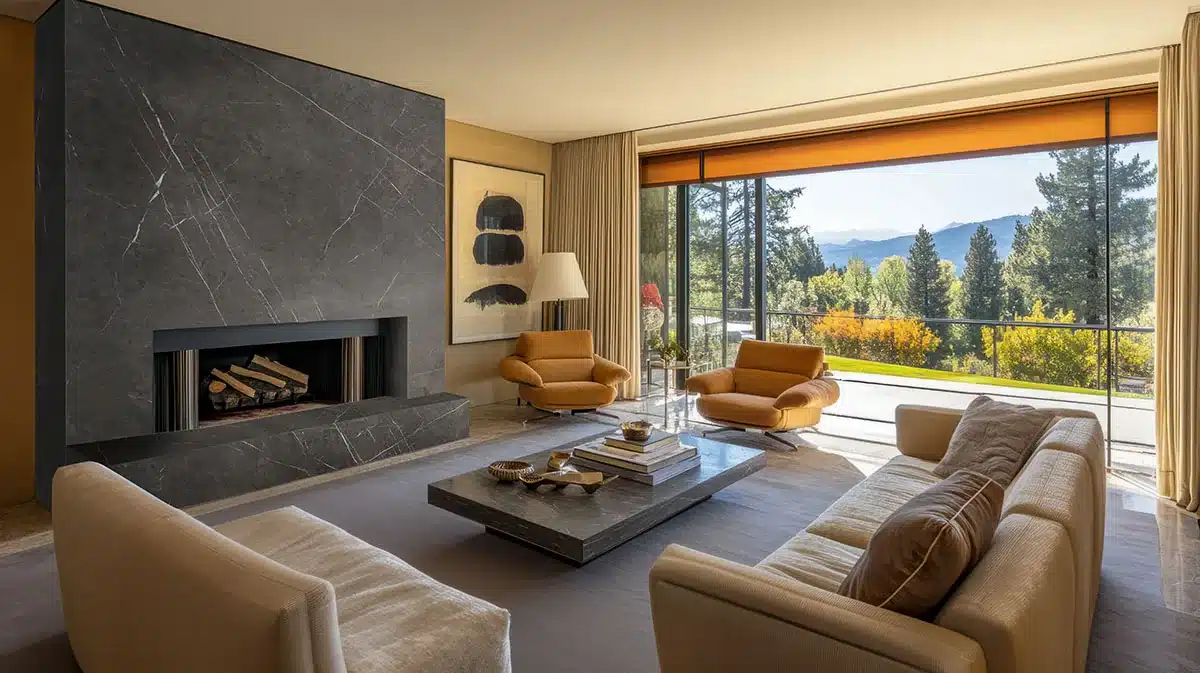 MSI Stile Pietra Grigio porcelain slabs in a manufacturer living room scene