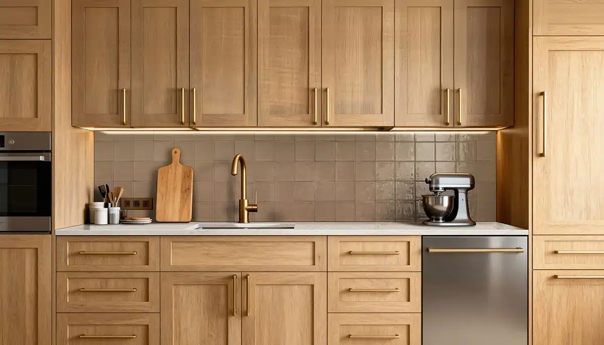 MSI Terranello Cotto square ceramic backsplash beneath wood cabinets and above a kitchen sink in a manufacturer scene