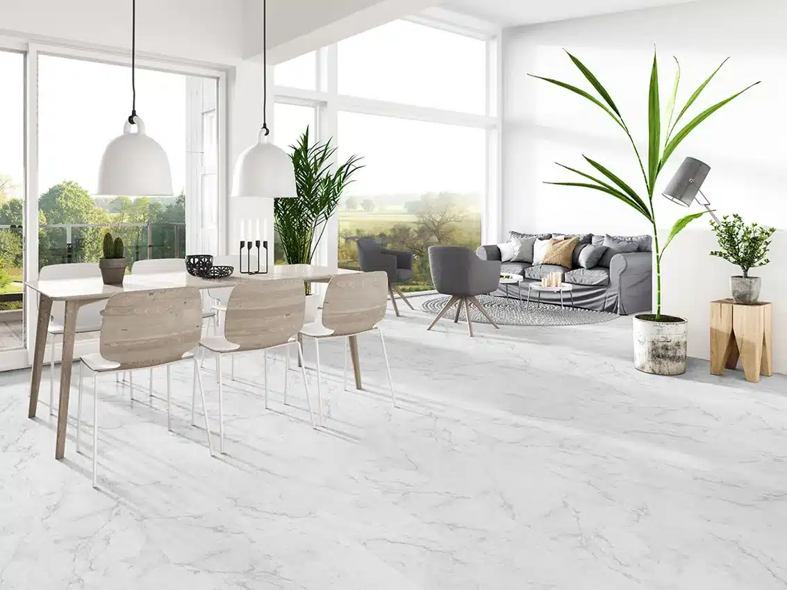MSI Trecento Carrara Avell stone-look luxury vinyl tile in a manufacturer room scene