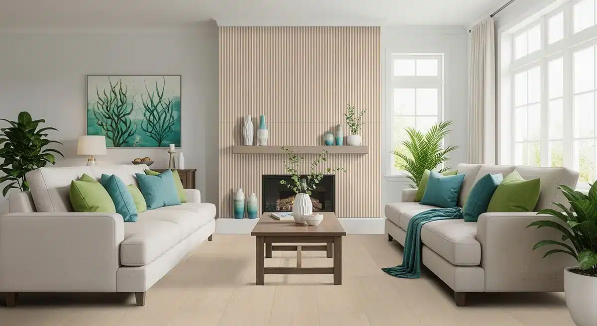 MSI UrbanSlat Flute Maple ceramic tile on a fireplace feature wall between sofas in a manufacturer living room scene