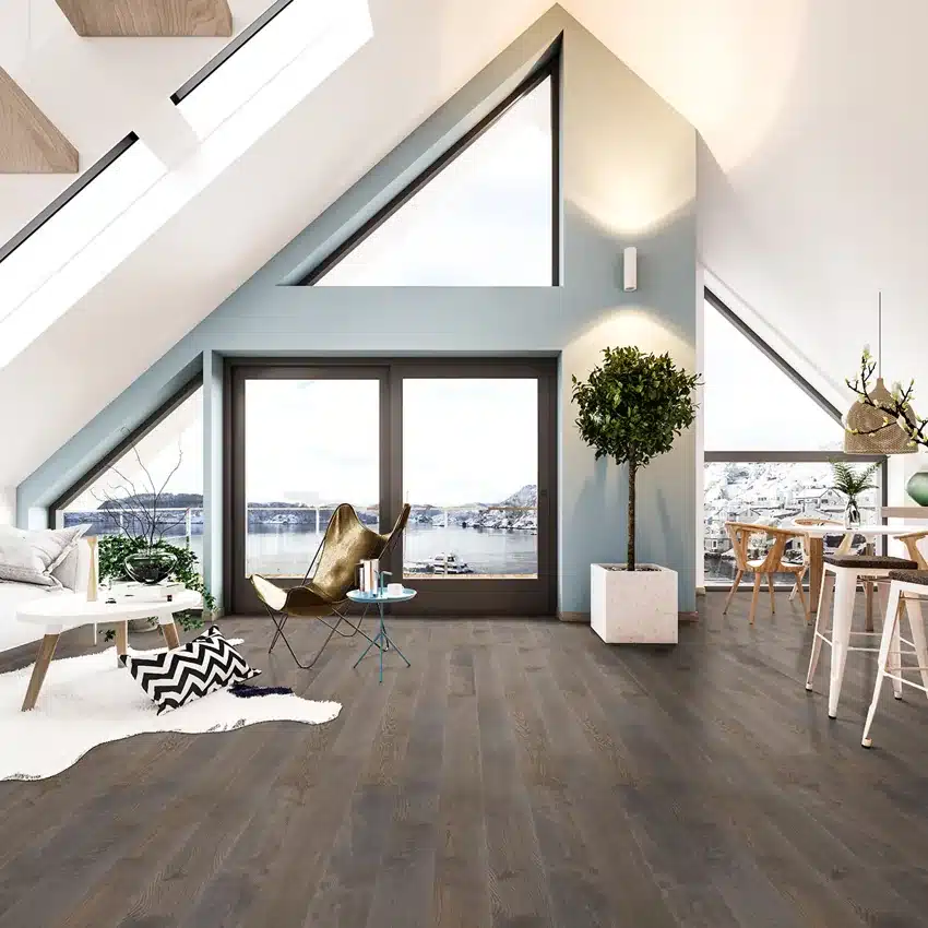 MSI Woodhills Estate Oak flooring across a bright living and dining area in a manufacturer room scene